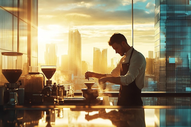 quotBarista Brewing Coffee in a Rooftop Cafequot