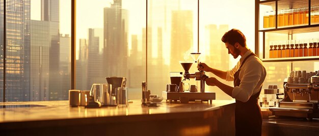 Photo quotbarista brewing coffee in a rooftop cafequot