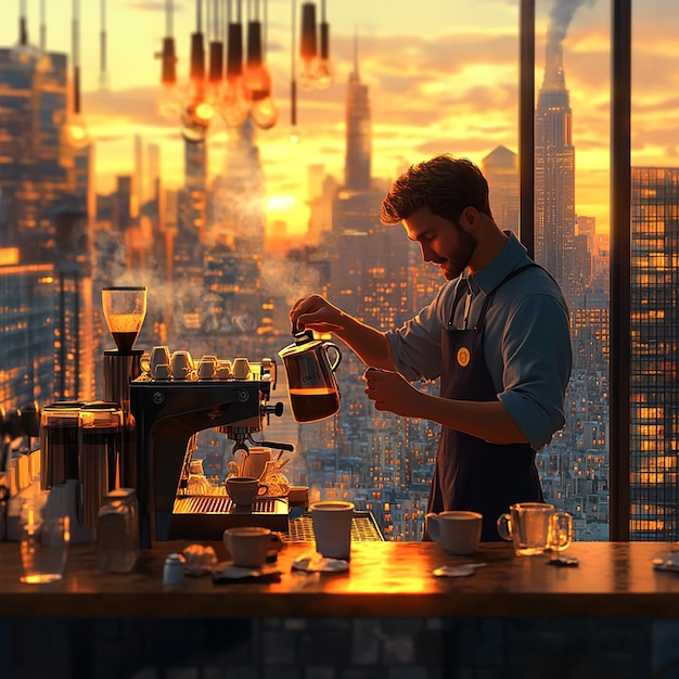 Photo quotbarista brewing coffee in a rooftop cafequot