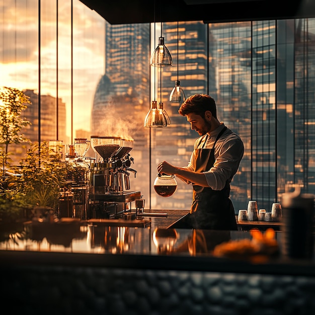 Photo quotbarista brewing coffee in a rooftop cafequot