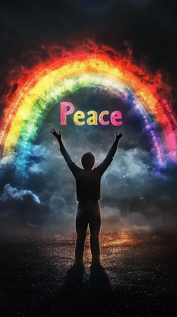 quotBlack and White Person Standing Under a Rainbow of Peacequot