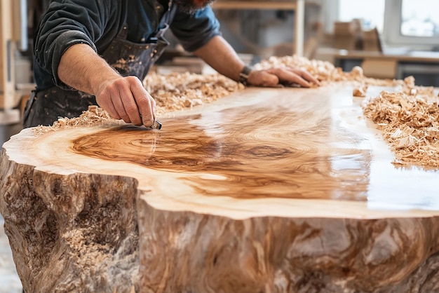 Photo quotcarpenter finishing a wooden table detailed craftsmanshipquot