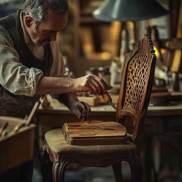 Photo quotcarpenter restoring antique furniture careful craftsmanship in actionquot