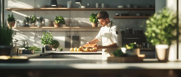 Photo quotchef cooking in a minimalist scandinavian kitchenquot