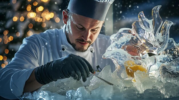 Photo quotchef crafting an intricate ice sculpture in a snowy settingquot