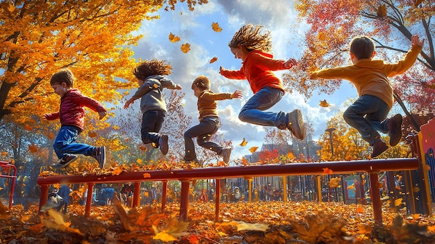 Photo quotchildren leaping off a low balance beam in a playful scenequot