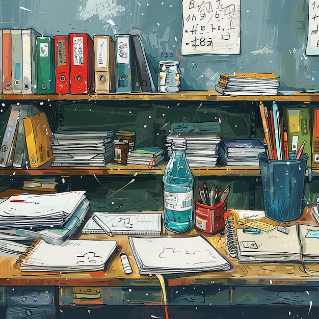 quotChildrens Illustration of an Untidy Desk in a Classroomquot