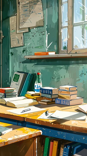 Photo quotchildrens illustration of an untidy desk in a classroomquot