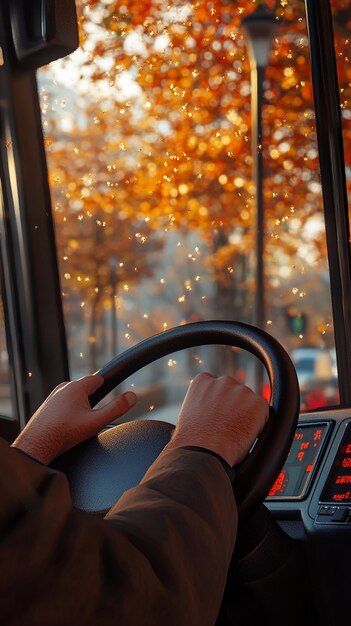 Photo quotcloseup of bus drivers hands on the wheelquot