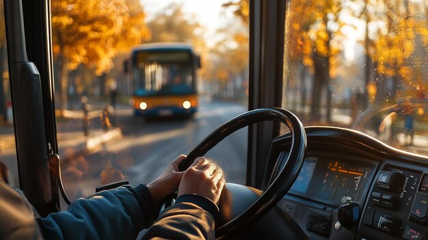 Photo quotcloseup of bus drivers hands on the wheelquot