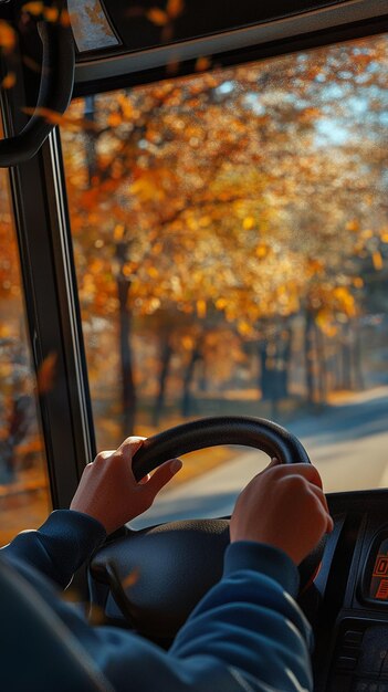 Photo quotcloseup of bus drivers hands on the wheelquot