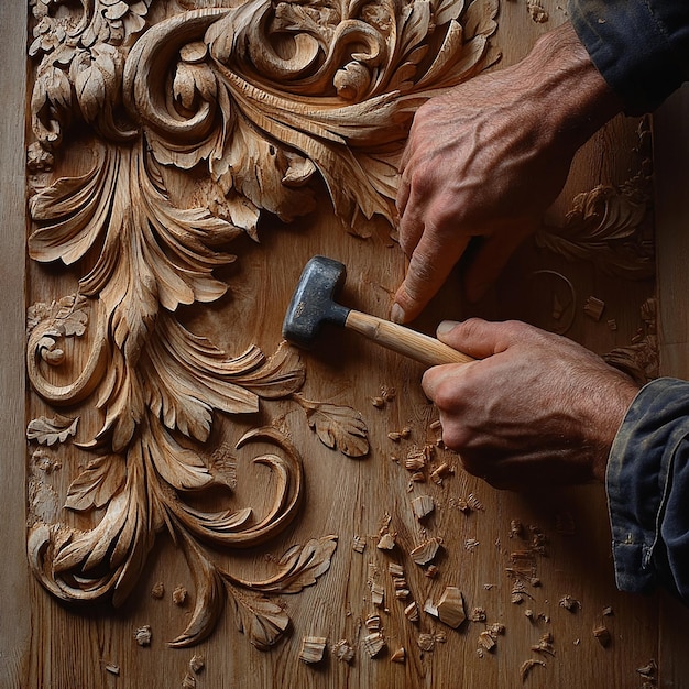 Photo quotcloseup of carpenter carving intricate designs in woodquot