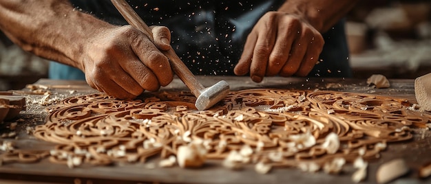 Photo quotcloseup of carpenter carving intricate designs in woodquot