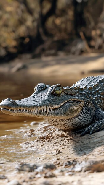 Photo quotcloseup of a critically endangered gharial basking in the sunquot