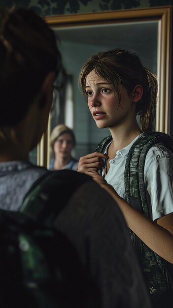 Photo quotcloseup of a nervous student standing in front of the school busquot