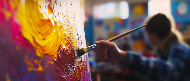 Photo quotcloseup of a students brush touching the canvasquot