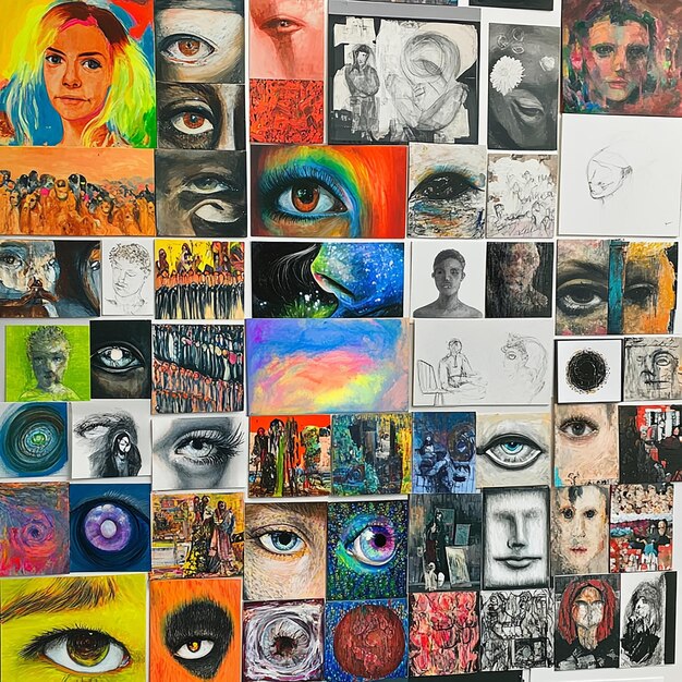 Photo quotcollage of diverse student artworks displayed togetherquot