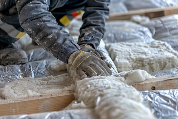 Photo quotconstruction worker installing roofing insulationquot