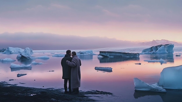 quotCouple Standing on the Shores of an Icelandic Glacier Lagoonquot