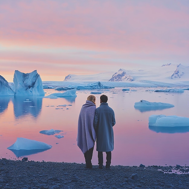 Photo quotcouple standing on the shores of an icelandic glacier lagoonquot