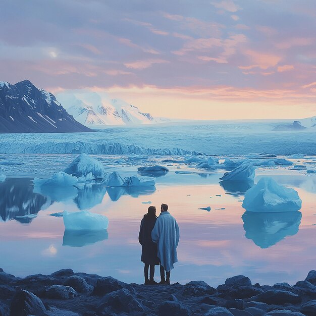 Photo quotcouple standing on the shores of an icelandic glacier lagoonquot