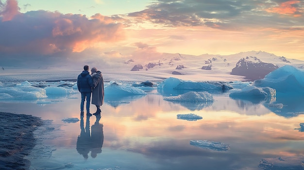 quotCouple Standing on the Shores of an Icelandic Glacier Lagoonquot