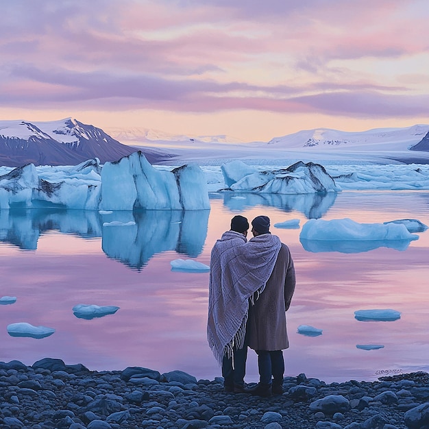 Photo quotcouple standing on the shores of an icelandic glacier lagoonquot