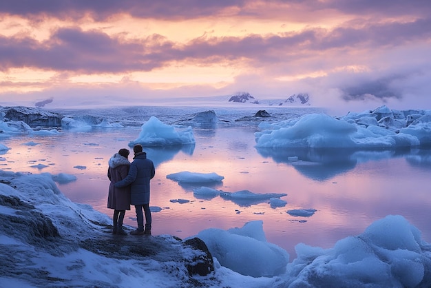 quotCouple Standing on the Shores of an Icelandic Glacier Lagoonquot