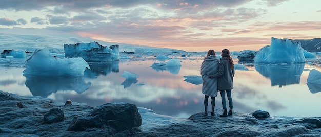 Photo quotcouple standing on the shores of an icelandic glacier lagoonquot