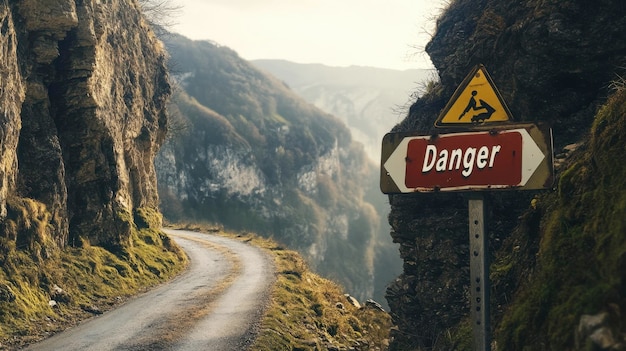 Photo a quotdangerquot traffic sign on a narrow mountain road with a steep incline and scenic views