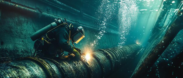 Photo quotdiverwelder repairing underwater structure with welding torchquot