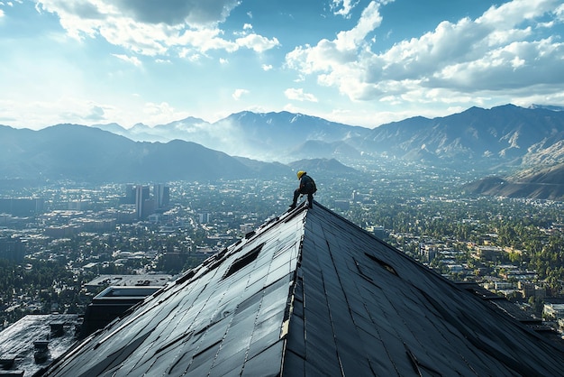 Photo quotdramatic aerial shot of a roofer at high altitudequot