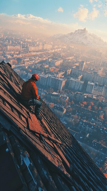 Photo quotdramatic aerial shot of a roofer at high altitudequot