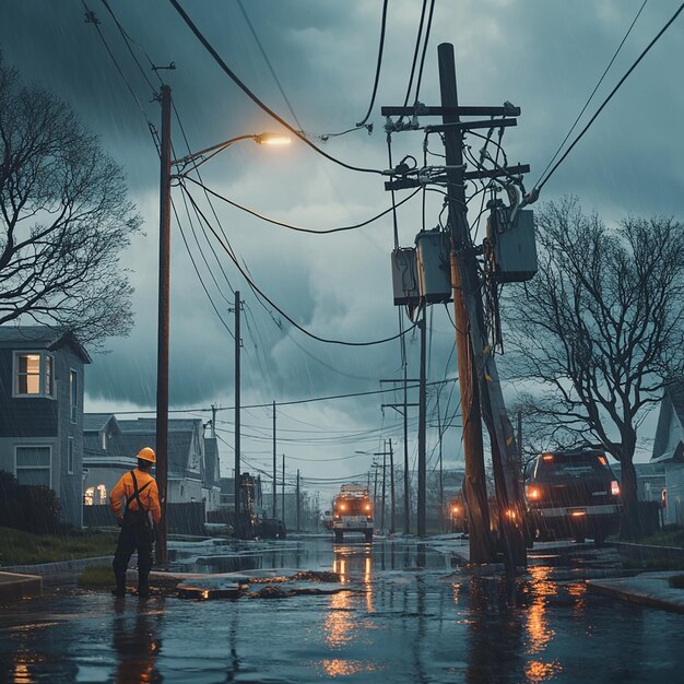 Photo quotdramatic scene of electrician restoring power in stormy weatherquot