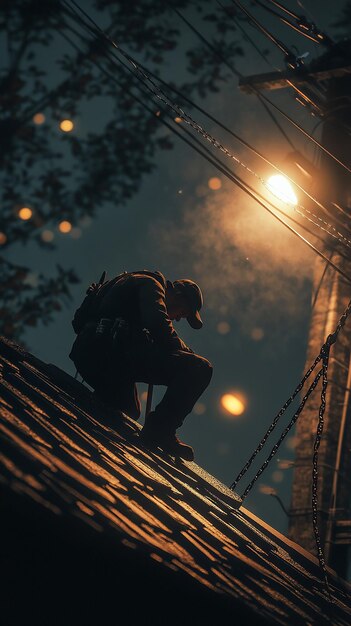 Photo quotdramatic scene of a roofer working under night lightsquot