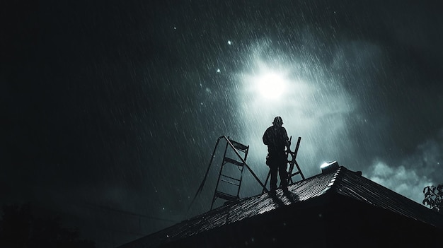 Photo quotdramatic scene of a roofer working under night lightsquot