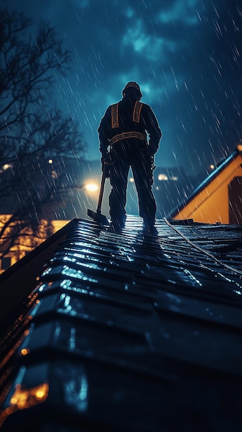 Photo quotdramatic scene of a roofer working under night lightsquot