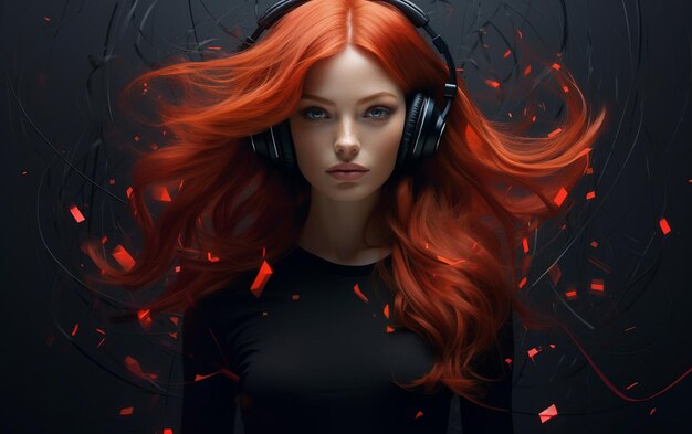 quotDynamic DJ Girl Artist in a Black Dress with Red Hairquot Ai