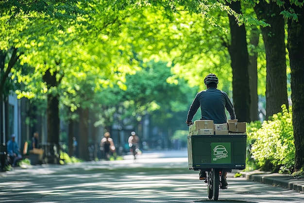 Photo quotecofriendly delivery driver in green urban areaquot