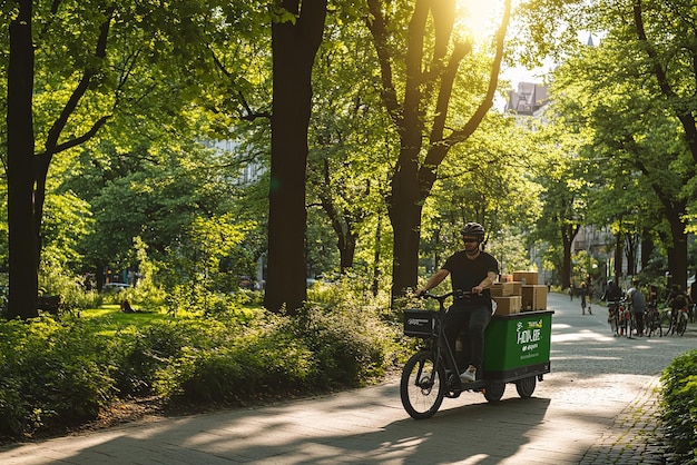 Photo quotecofriendly delivery driver in green urban areaquot