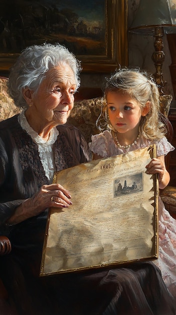 Photo quotelderly woman and young girl sitting together indoorsquot