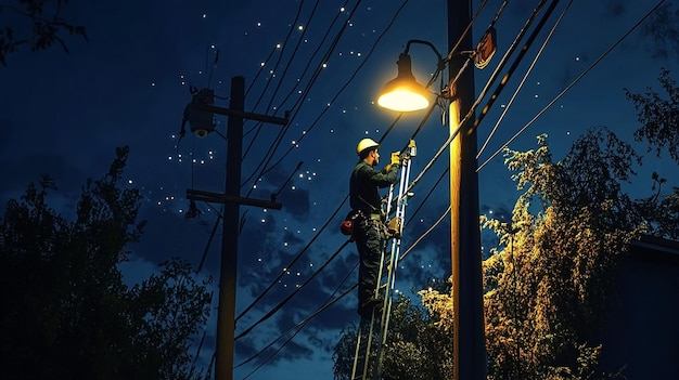 quotElectrician Repairing Streetlights at Nightquot