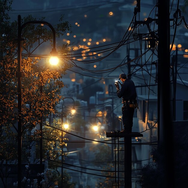 quotElectrician Repairing Streetlights at Nightquot