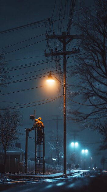 quotElectrician Repairing Streetlights at Nightquot