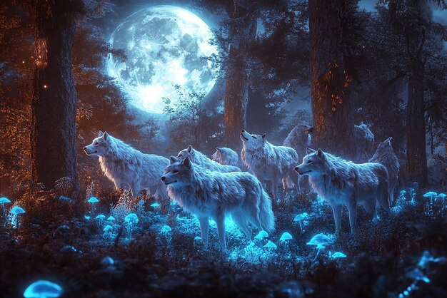 Photo quotenchanted wolf pack under a full moonquot