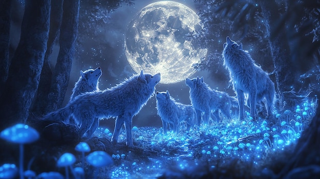 Photo quotenchanted wolf pack under a full moonquot