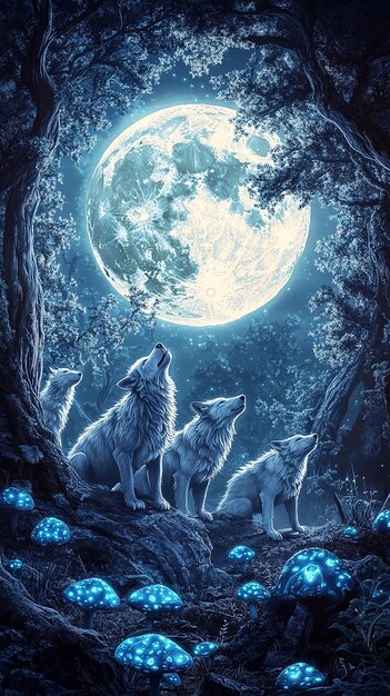 Photo quotenchanted wolf pack under a full moonquot