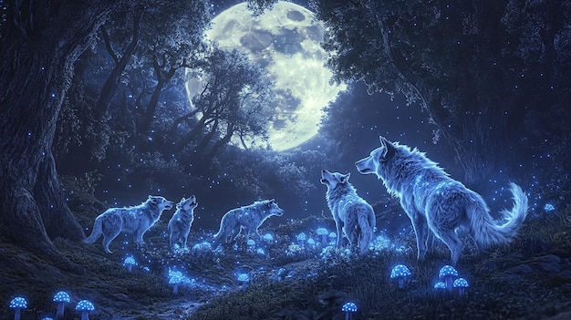 Photo quotenchanted wolf pack under a full moonquot