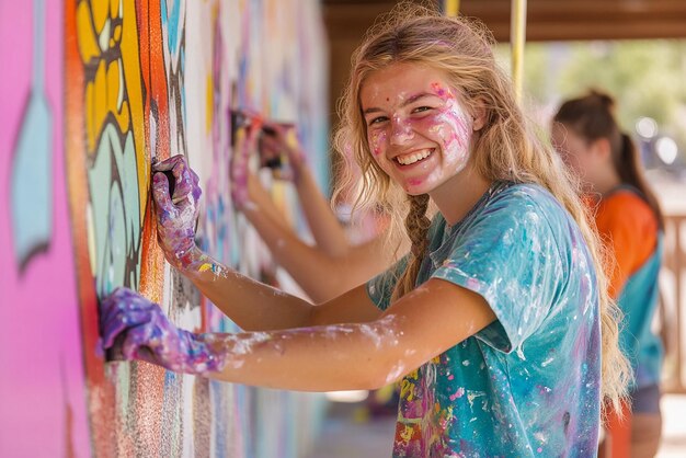 Photo quotenthusiastic young volunteers painting a community muralquot