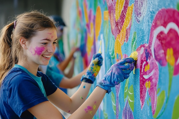 quotEnthusiastic Young Volunteers Painting a Community Muralquot